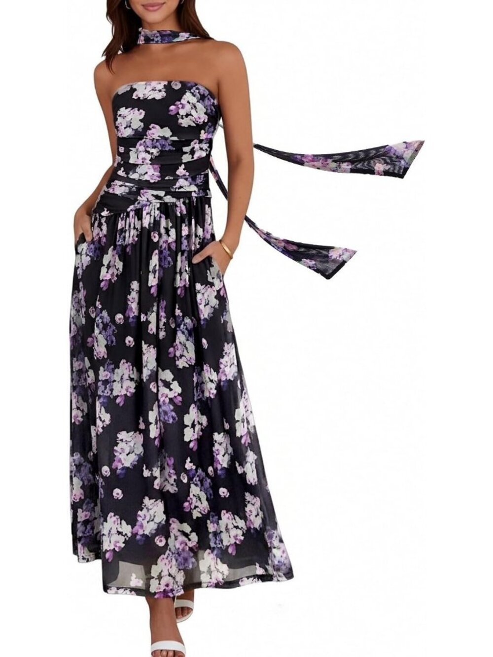 Women's Black Floral Strapless Ruched Elastic Waist Aline Fit Cocktail Maxi